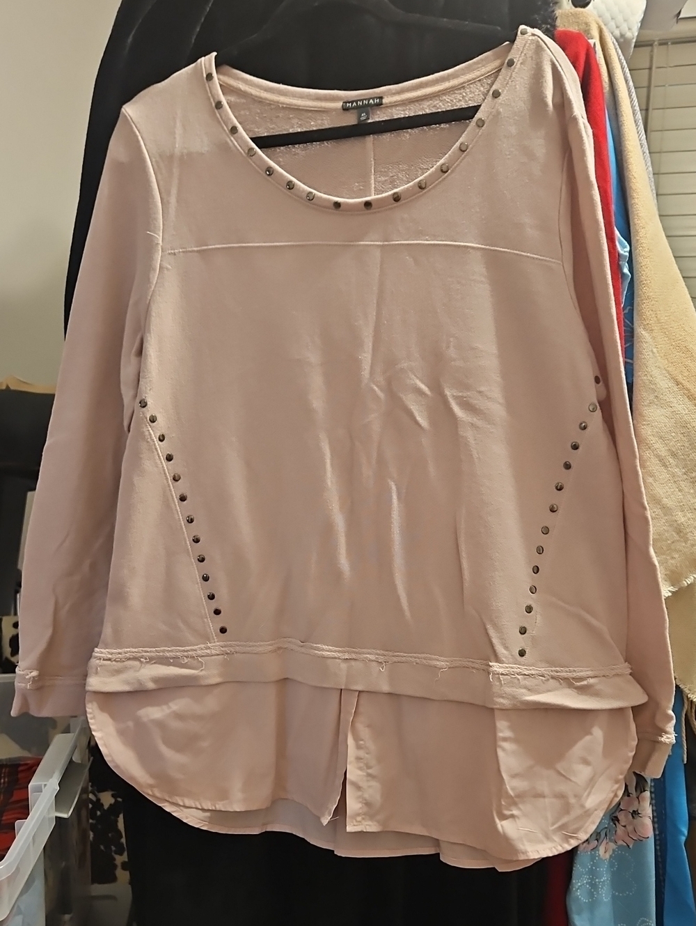 Hannah Blush Pink Stud-Trim Layered Long-Sleeve Top